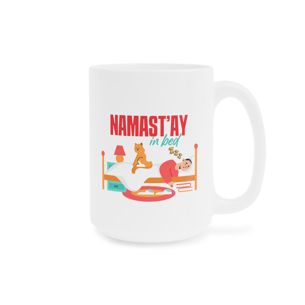 Namast'ay In Bed Mug - Funny Yoga Cat & Woman Ceramic Coffee Cup