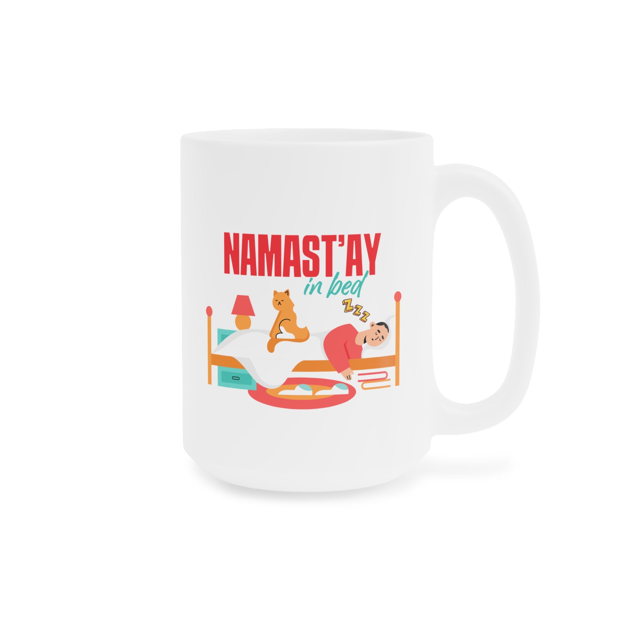 Namast'ay In Bed Mug - Funny Yoga Cat & Woman Ceramic Coffee Cup