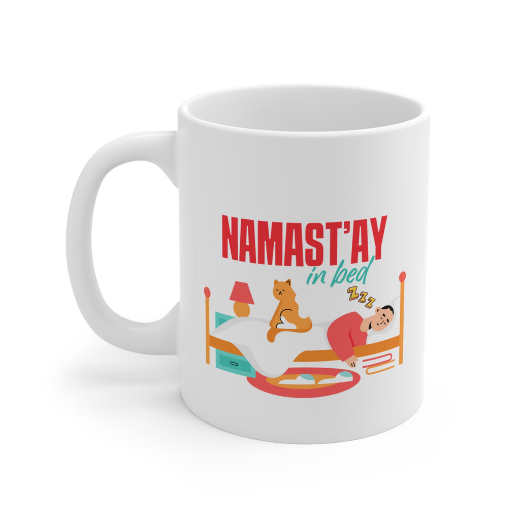 Namast'ay In Bed Mug - Funny Yoga Cat & Woman Ceramic Coffee Cup