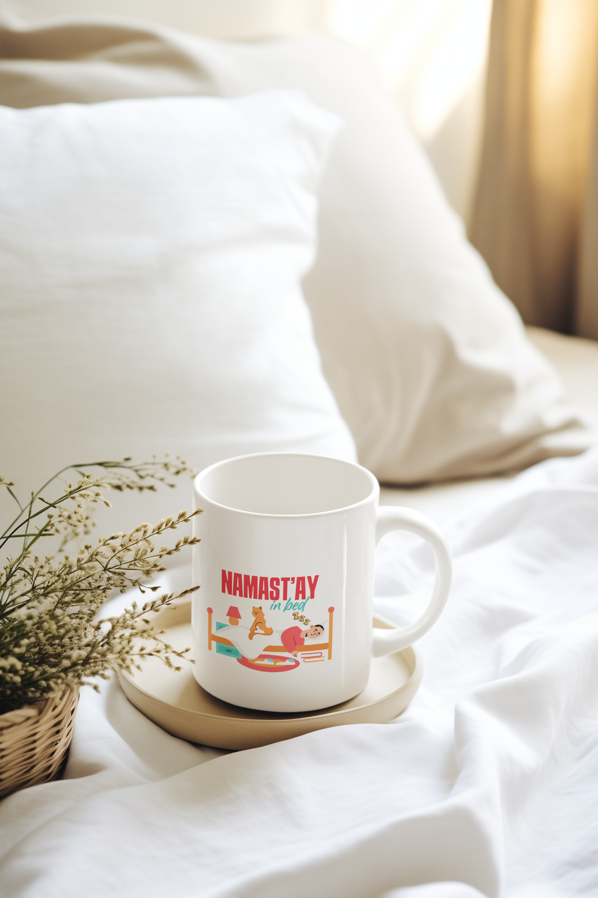 Namast'ay In Bed Mug - Funny Yoga Cat & Woman Ceramic Coffee Cup