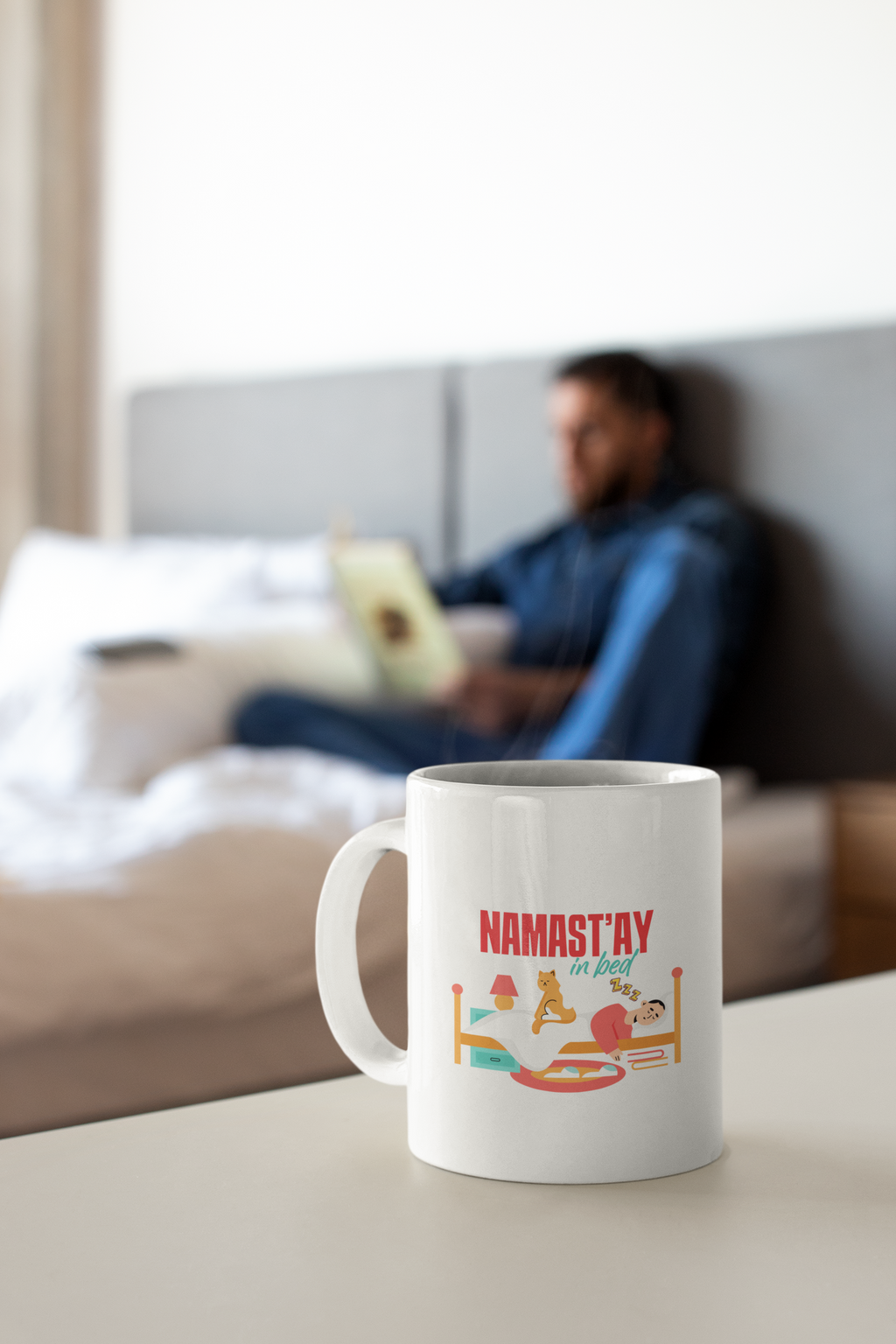 Namast'ay In Bed Mug - Funny Yoga Cat & Woman Ceramic Coffee Cup