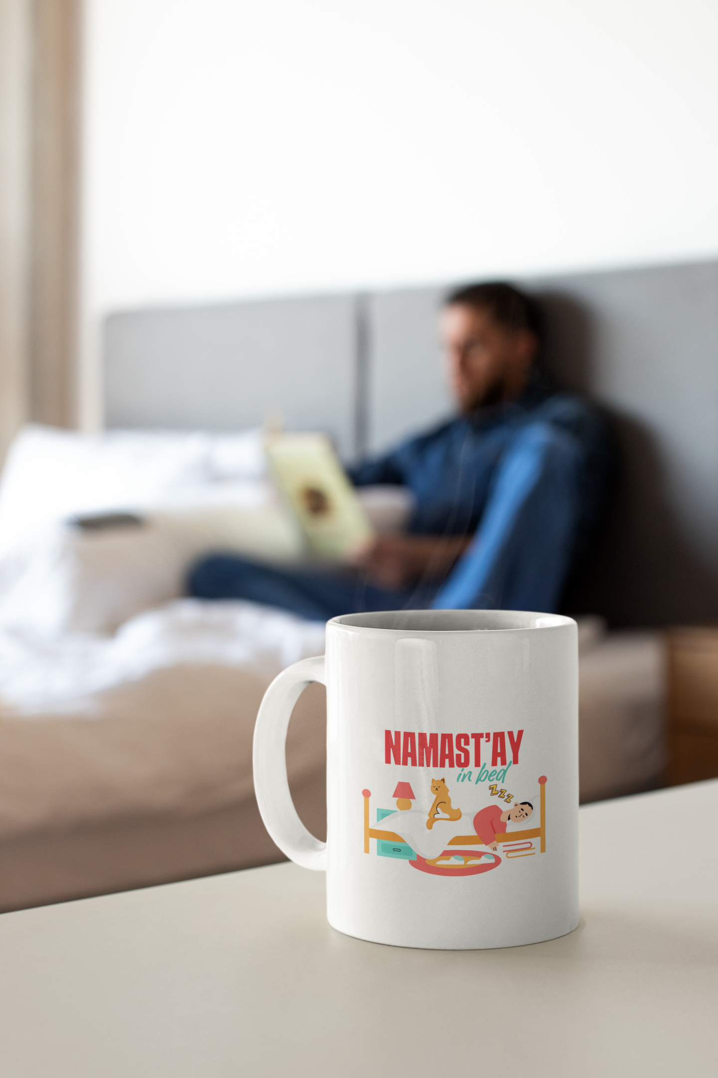 Namast'ay In Bed Mug - Funny Yoga Cat & Woman Ceramic Coffee Cup