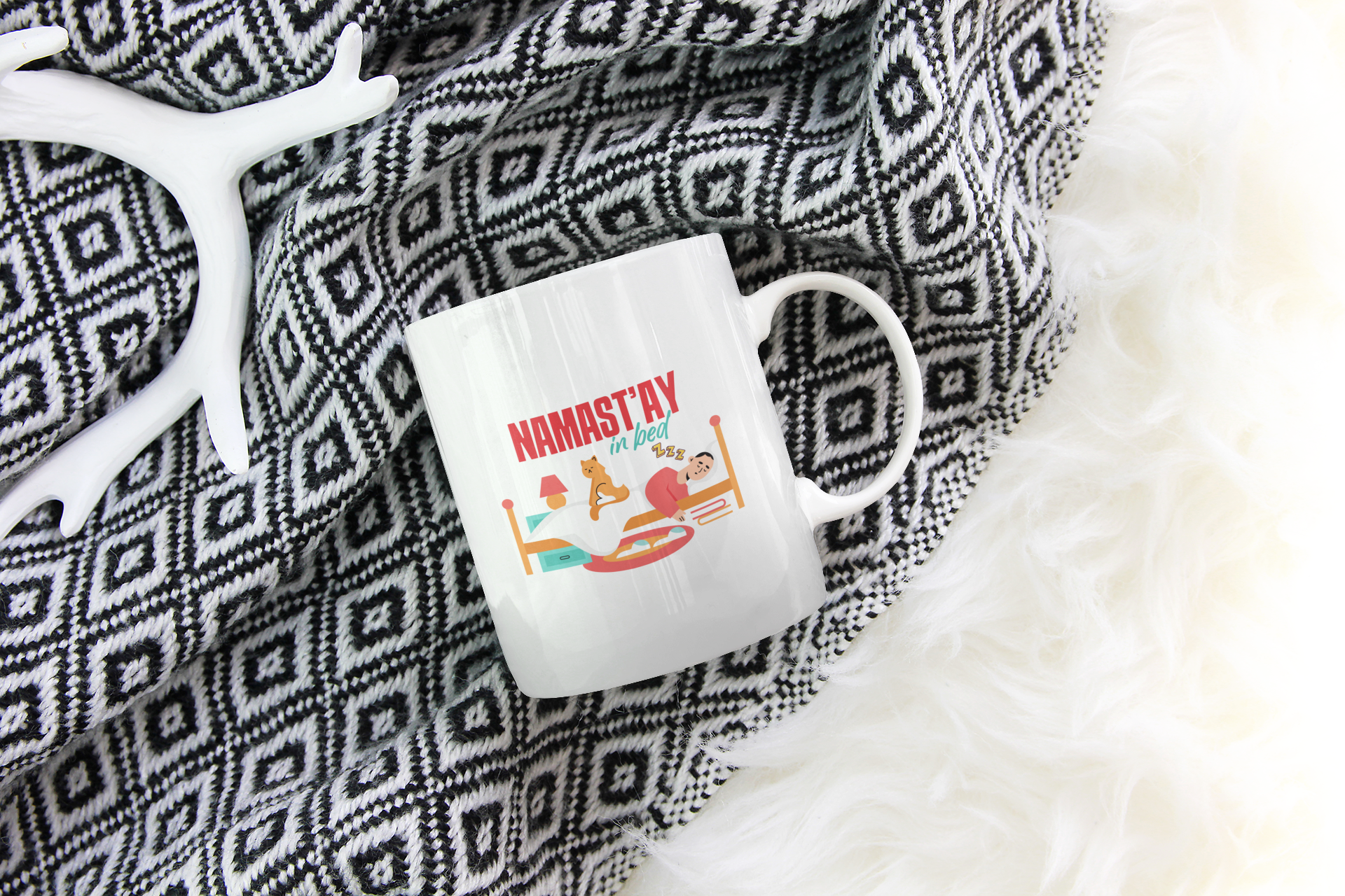 Namast'ay In Bed Mug - Funny Yoga Cat & Woman Ceramic Coffee Cup