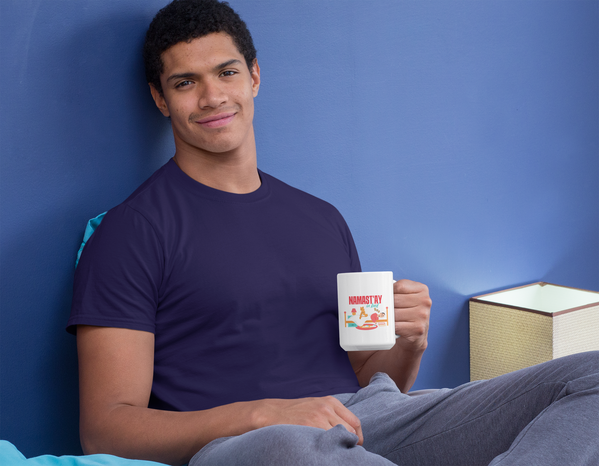 Namast'ay In Bed Mug - Funny Yoga Cat & Woman Ceramic Coffee Cup