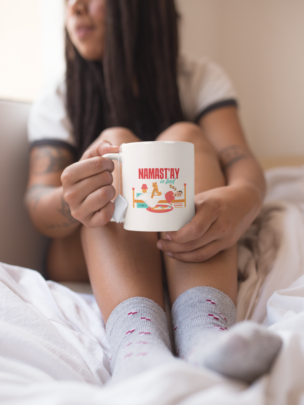 Namast'ay In Bed Mug - Funny Yoga Cat & Woman Ceramic Coffee Cup