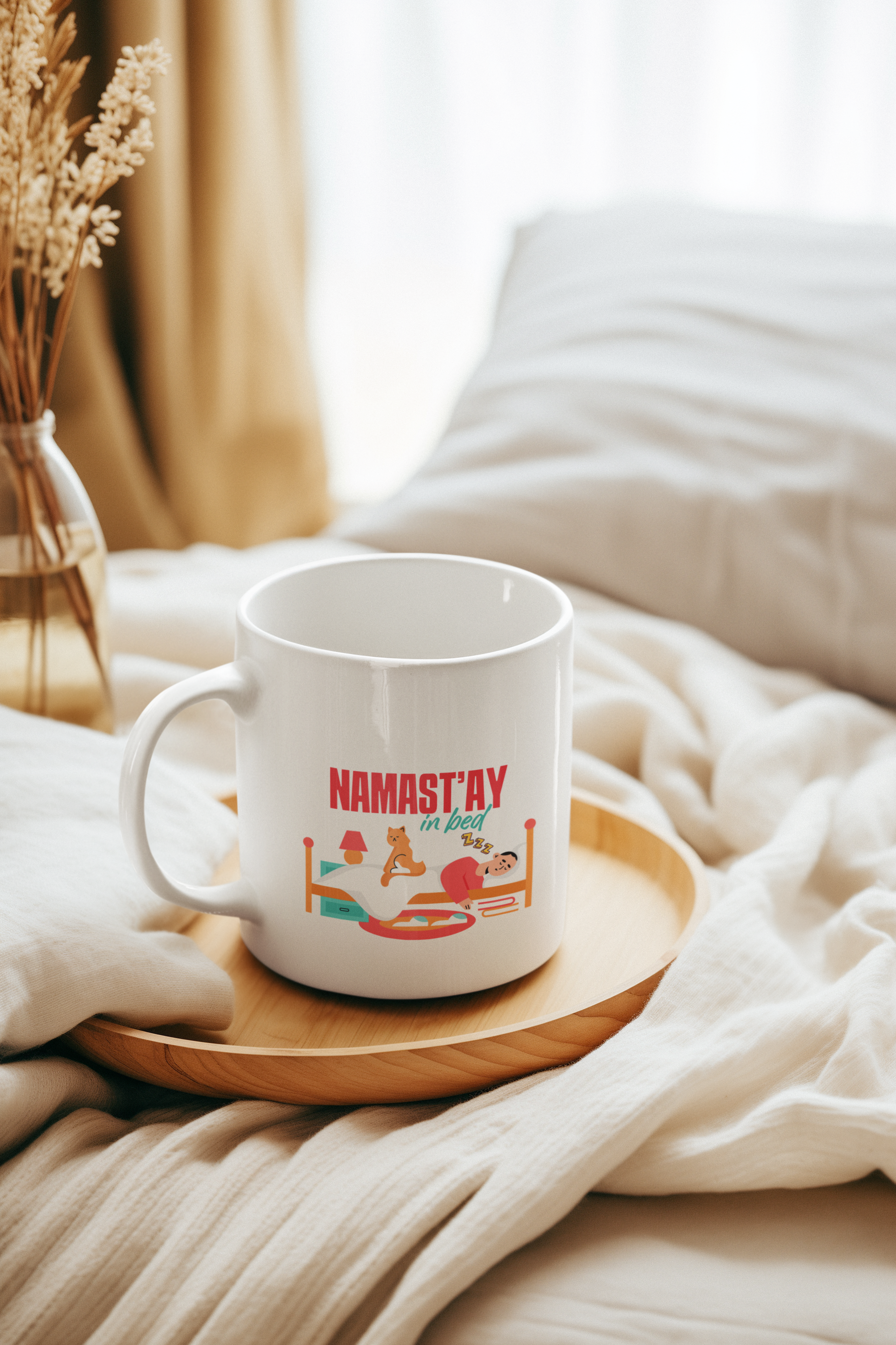 Namast'ay In Bed Mug - Funny Yoga Cat & Woman Ceramic Coffee Cup