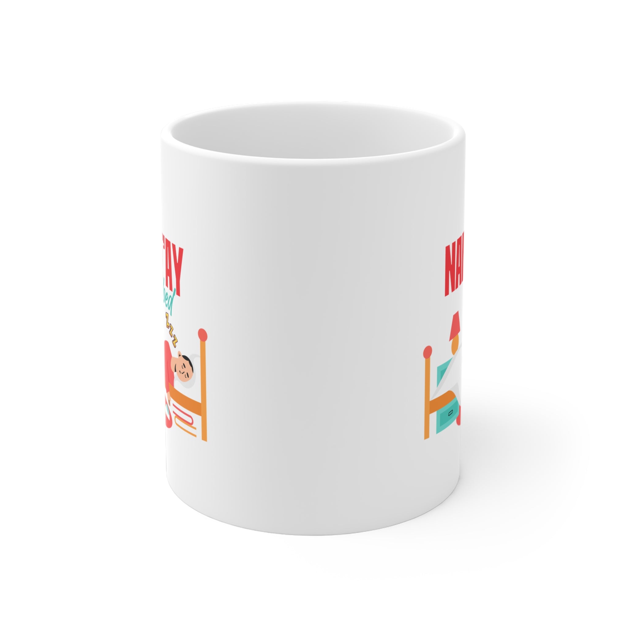 Namast'ay In Bed Mug - Funny Yoga Cat & Woman Ceramic Coffee Cup