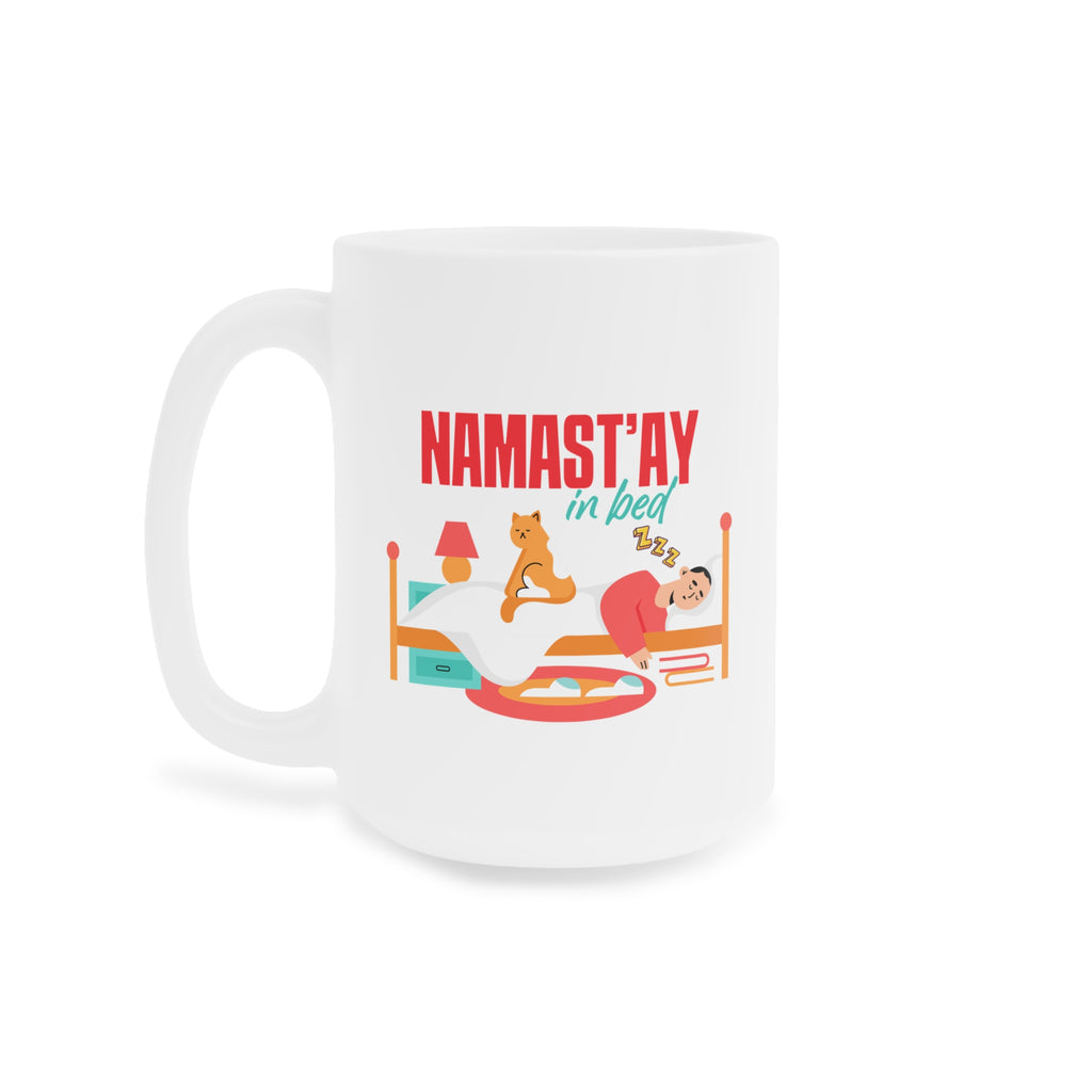 Namast'ay In Bed Mug - Funny Yoga Cat & Woman Ceramic Coffee Cup