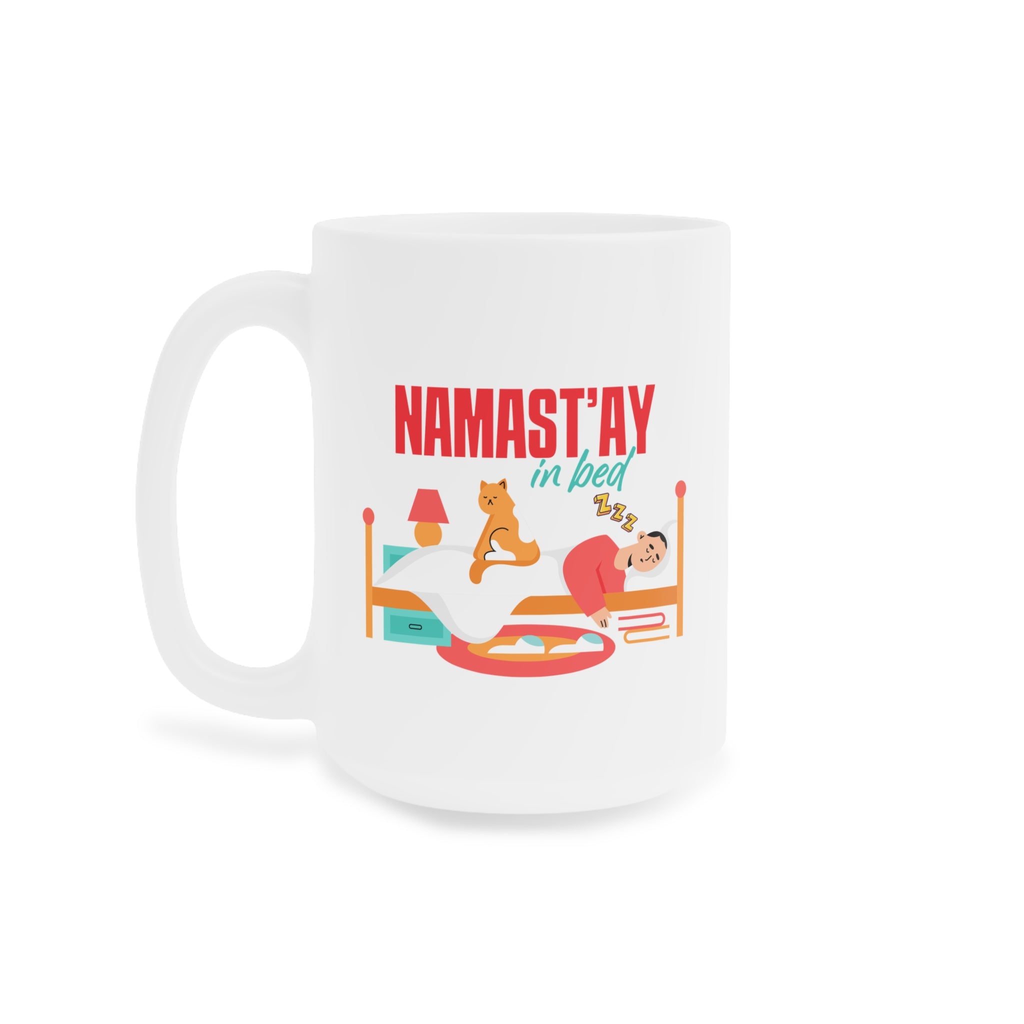 Namast'ay In Bed Mug - Funny Yoga Cat & Woman Ceramic Coffee Cup