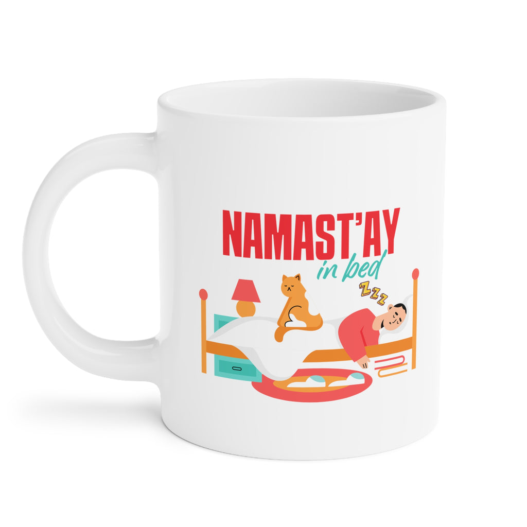 Namast'ay In Bed Mug - Funny Yoga Cat & Woman Ceramic Coffee Cup
