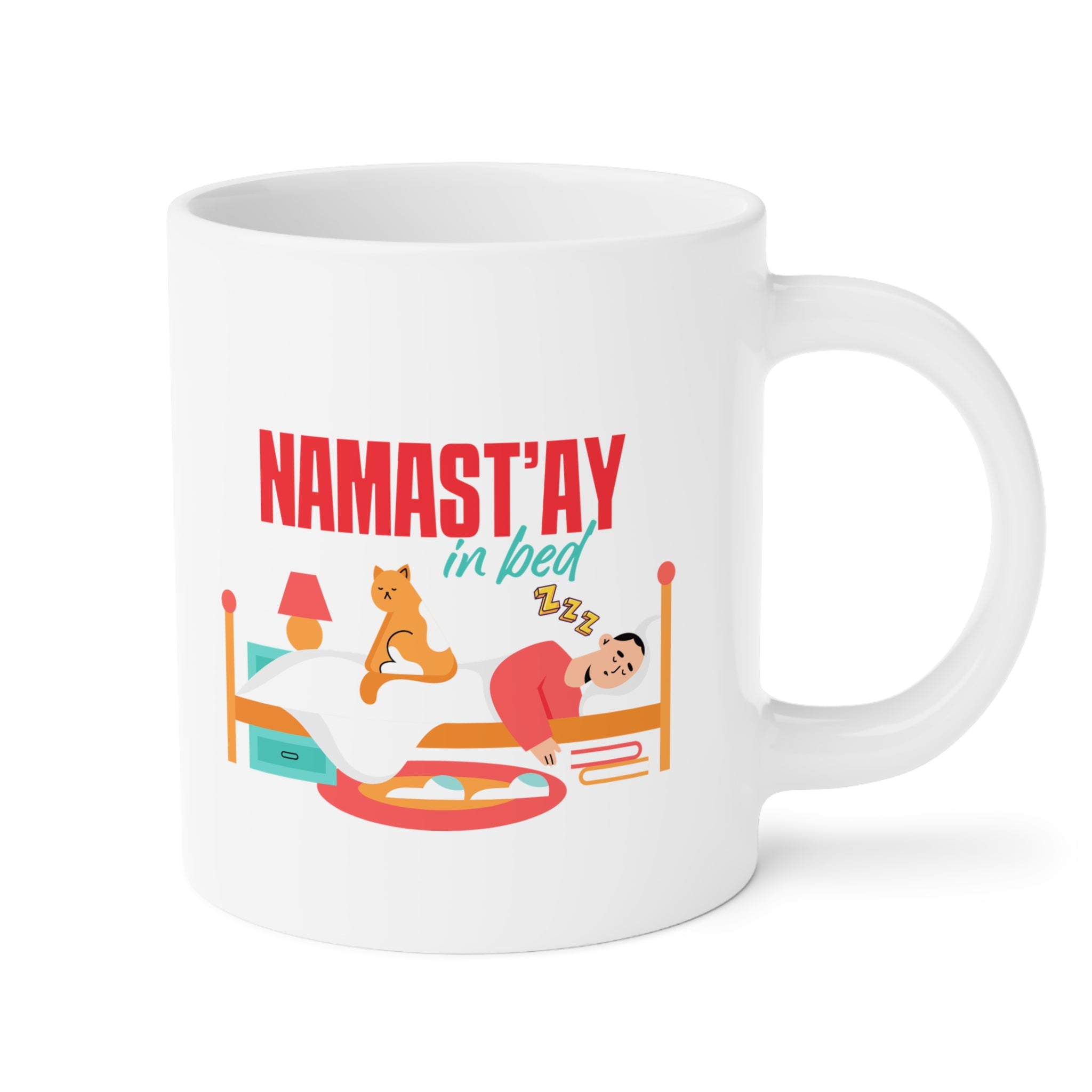 Namast'ay In Bed Mug - Funny Yoga Cat & Woman Ceramic Coffee Cup