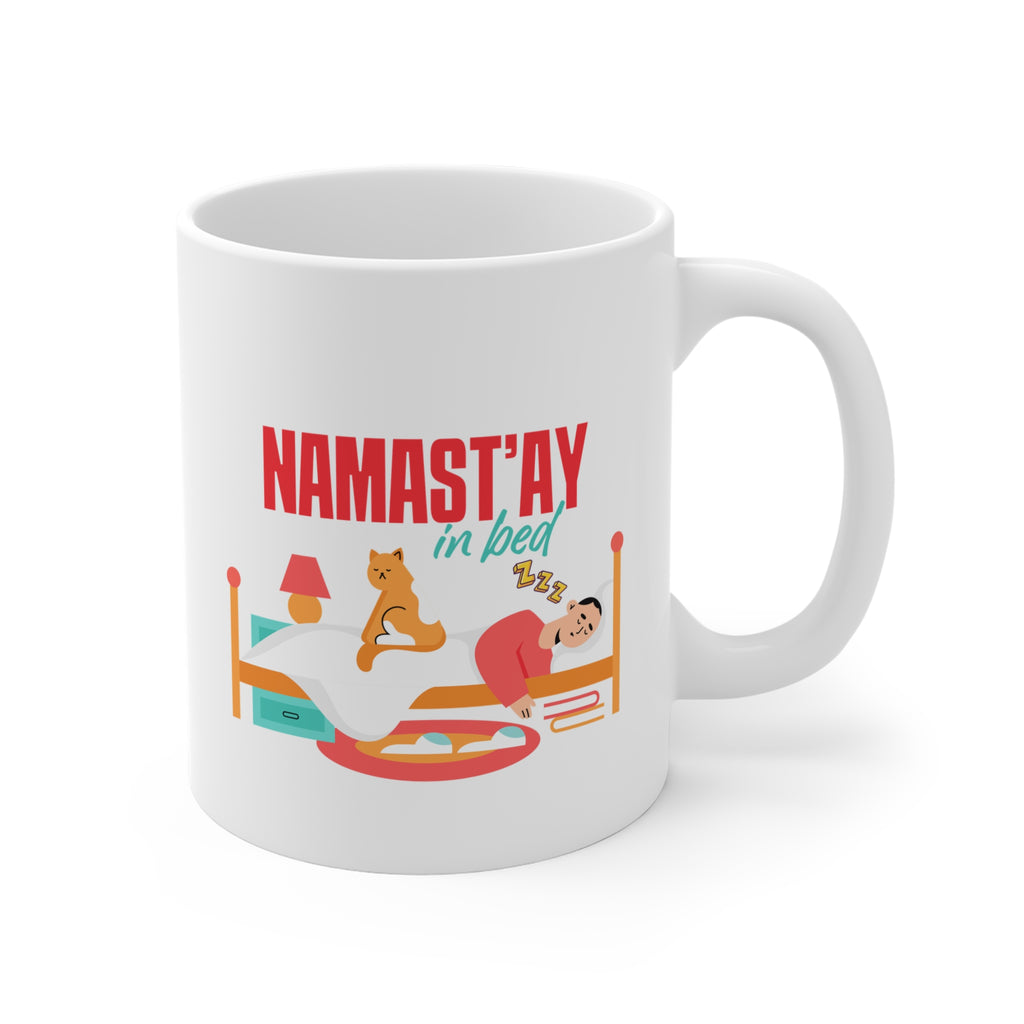 Namast'ay In Bed Mug - Funny Yoga Cat & Woman Ceramic Coffee Cup
