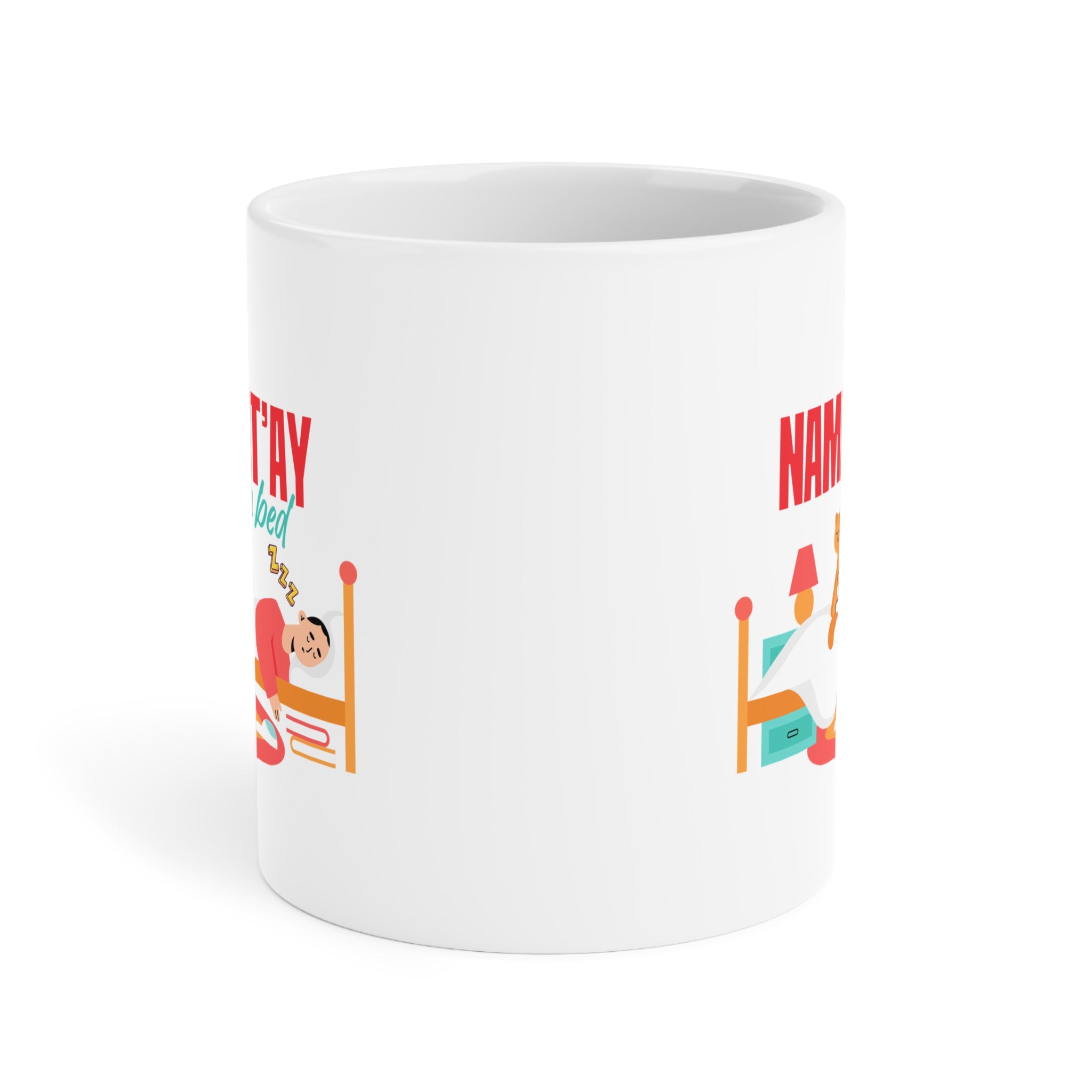 Namast'ay In Bed Mug - Funny Yoga Cat & Woman Ceramic Coffee Cup